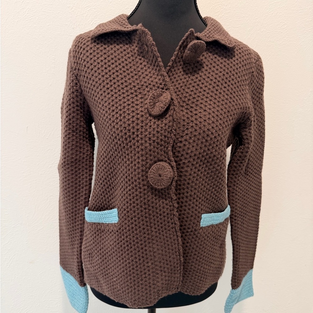 Boden Brown Knit Cardigan with Blue Accents